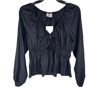 Universal Thread Women's S Black Linen Blend Top Scoop Neck Tie Back Gathered Wa